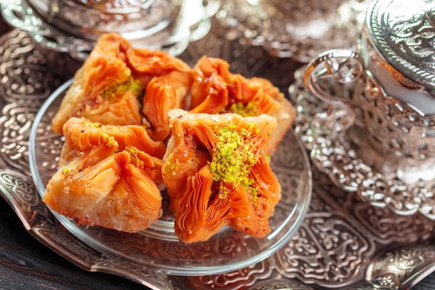 Traditional baklava on wooden table