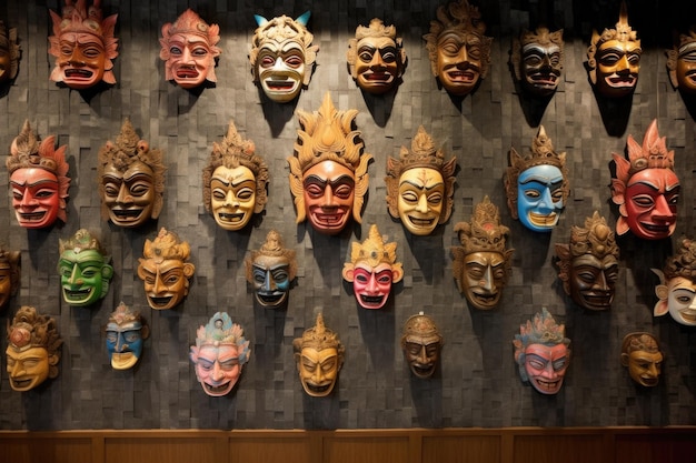 Photo traditional balinese masks displayed on wall created with generative ai