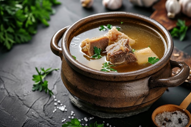 Photo traditional beef broth with vegetable bones and ingredients in pot