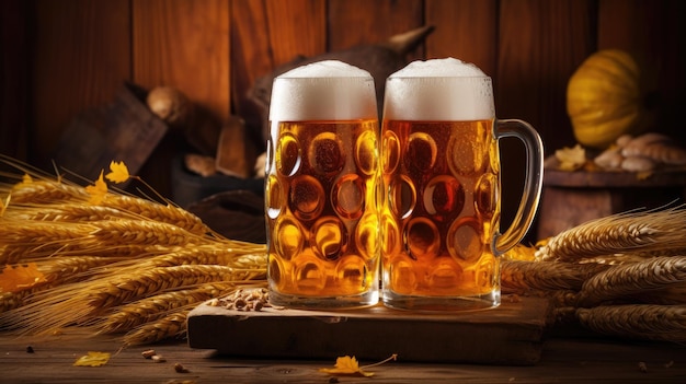 伝統的なビールカップは,田舎のテーブルに置かれ,まで満たされています.