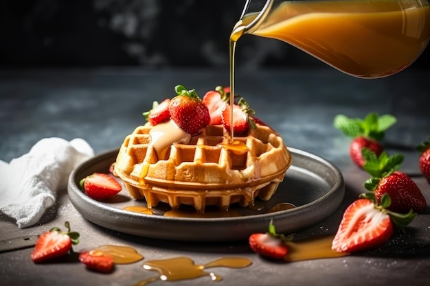 Traditional belgian waffles with strawberries pouring caramel from jar delicious food horizontal