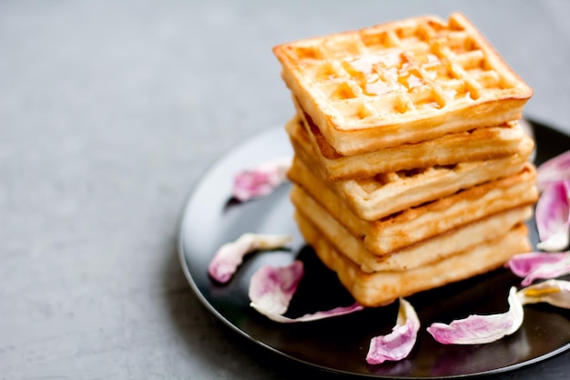 Photo traditional belgian waffles with tulip petals and honey on concrete background