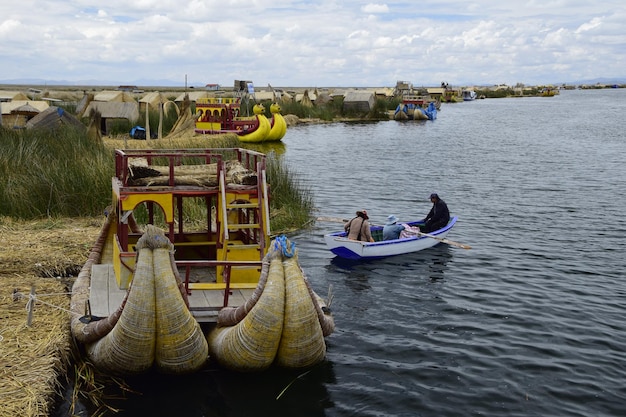 Traditional boats in the floating and tourist Islands of lake Titicaca Puno Peru South America