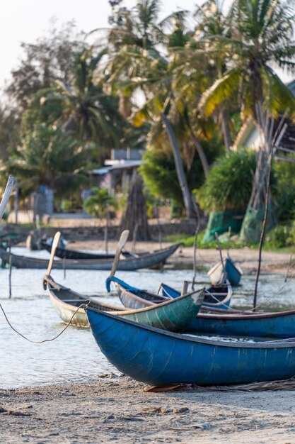 Traditional boats at O Loan lagoon in sunset Phu Yen province Vietnam