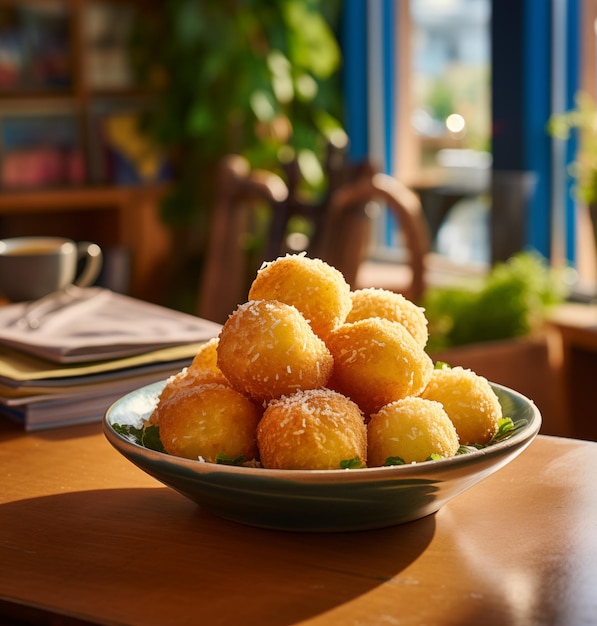 Traditional Brazilian cheese bread balls on the cafe table for the breakfast
