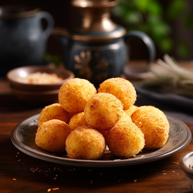 Traditional Brazilian cheese bread balls on the plate closeup