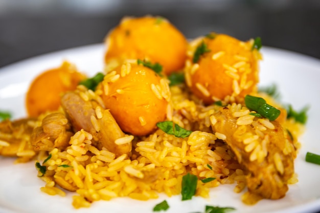 Traditional Brazilian delicacy rice with chicken and pequi Caryocar breasiliense