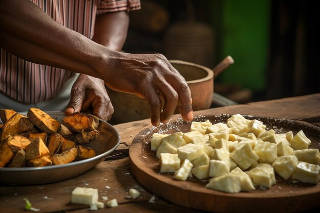 ブラジル の 伝統 的 な 食べ物 は,田舎 の テーブル に 置か れ た カサバ の 粉