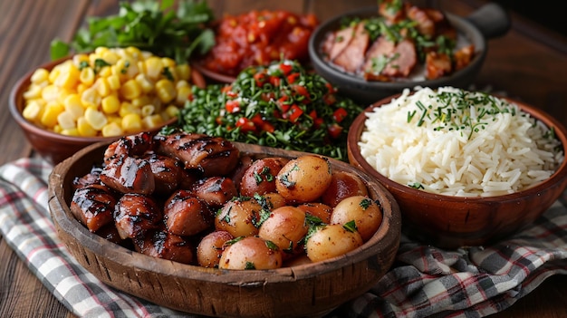 Traditional Brazilian June celebration cuisine on checkered cloth