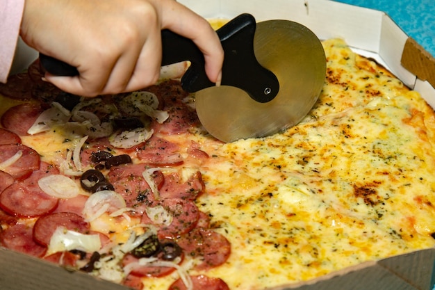 사진 브라질 전통 피자 반 페퍼로니 소시지 반 네 치즈