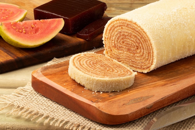 Traditional Brazilian roll cake on cutting board