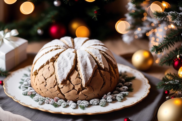 A traditional bread with a christmas tree in the background