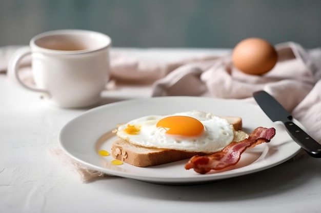 Традиционный завтрак с жареным беконом и тостами на тарелке Generative AI