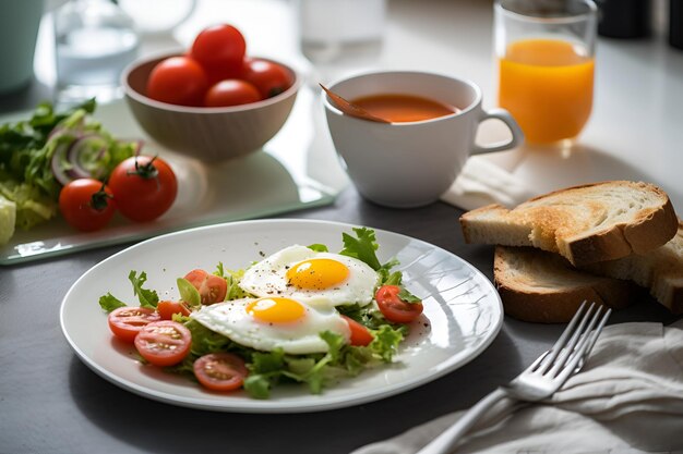 Traditional breakfast with fried eggs toast and salad on the plate AI generated