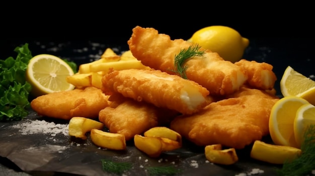 Traditional British Fish and Chips with Potatoes and Lemon