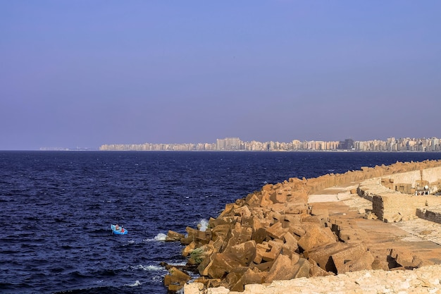 Traditional buildings and Mediterranean Sea in Alexandria Egypt