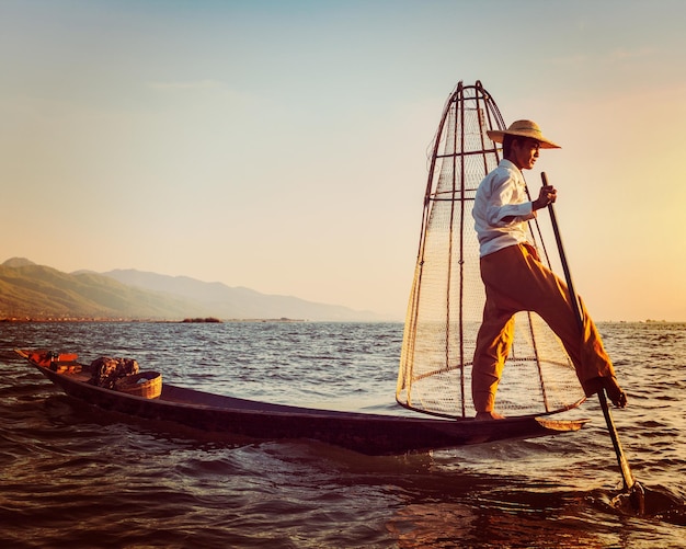 Traditional Burmese fisherman at Inle lake Myanmar