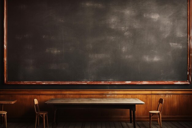 Traditional cafe interior with empty vintage blackboard and wooden table