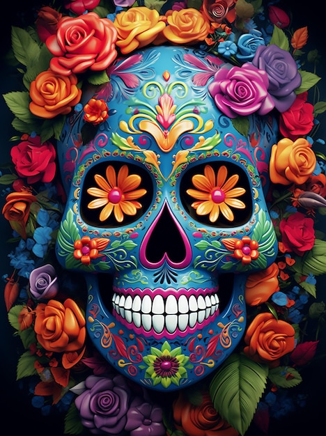 Традиционный сахарный череп Калавера, украшенный цветами День мертвых 3d иллюстрация