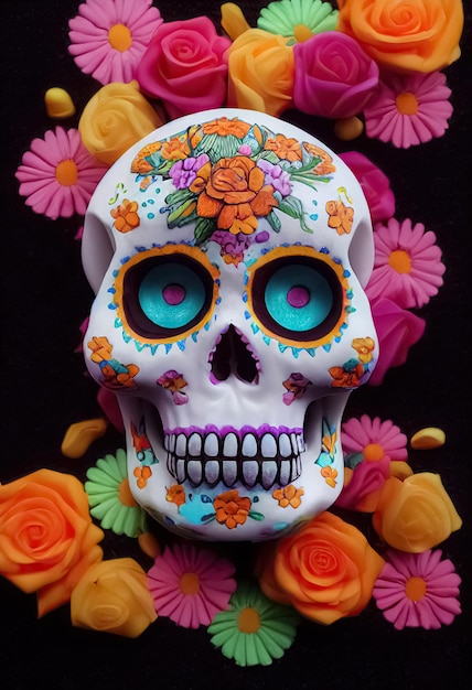 Traditional Calavera Sugar Skull decorated with flowers The day of the dead 3D illustration