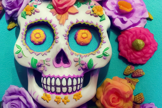 죽은 3D 그림의 날 꽃으로 장식된 전통적인 Calavera Sugar Skull