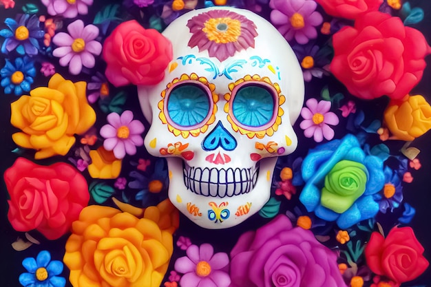 죽은 3D 그림의 날 꽃으로 장식된 전통적인 Calavera Sugar Skull