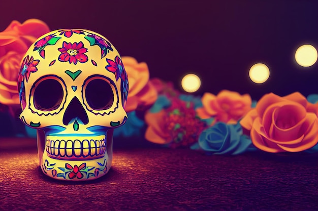 Traditional Calavera Sugar Skull decorated with flowers The day of the dead 3D illustration