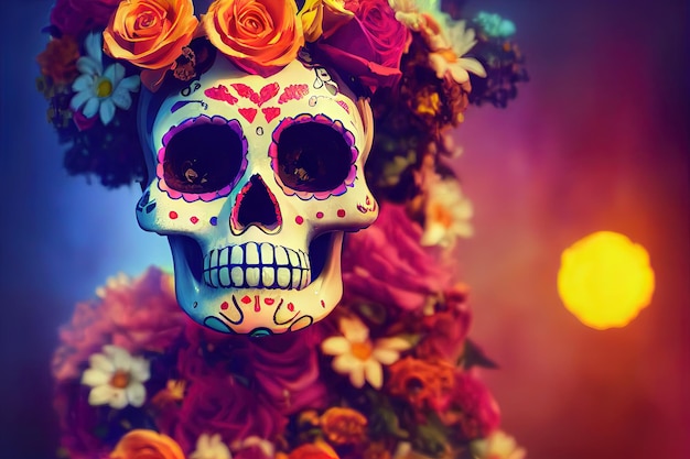 죽은 3D 그림의 날 꽃으로 장식된 전통적인 Calavera Sugar Skull