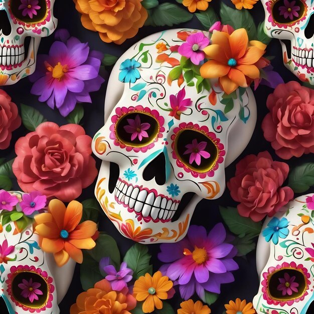 Traditional calavera sugar skull decorated with flowers the day of the dead 3d illustration