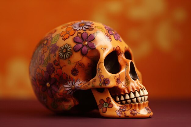 Традиционный сахарный череп калавера, украшенный цветами в день мертвых Generative AI