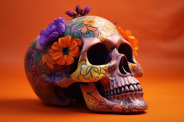 죽은 자의 날에 꽃으로 장식된 전통적인 calavera 설탕 두개골 Generative AI