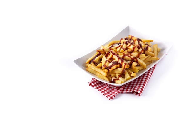 Traditional Canadian Poutine isolated on white background