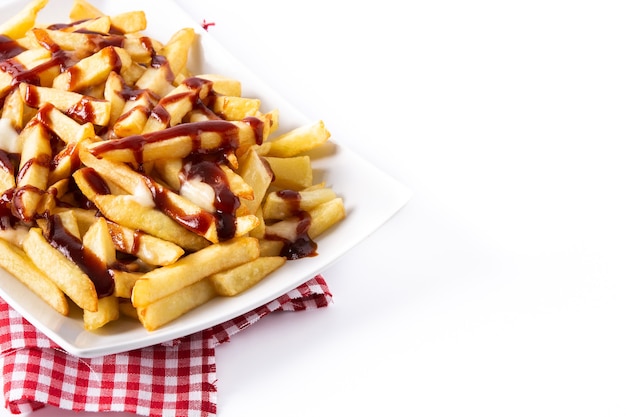Traditional Canadian Poutine isolated on white background