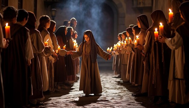 Foto processione tradizionale del giorno di candlemas con i partecipanti che tengono candele accese che illuminano il sentiero