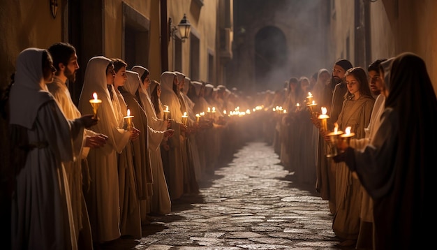 Фото Традиционная процессия в день свечей с участниками, держащими зажженные свечи, освещающие путь