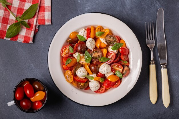traditional caprese salad made of sliced fresh tomatoes, mozzarella cheese and basil, top view