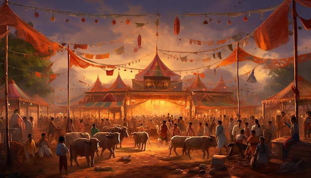 Photo a traditional cattle fair scene with beautifully decorated cows and bulls makar sankranti concept