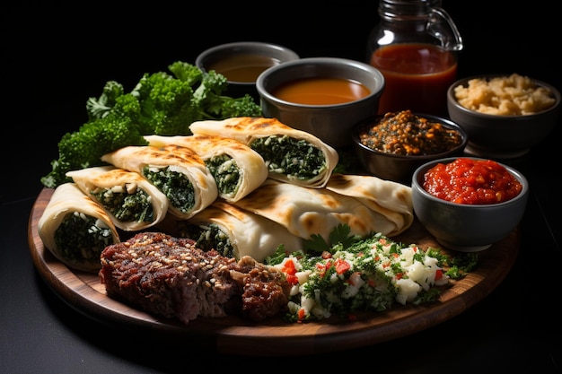 Traditional caucasian fast food kutab served with sauces on a wooden plate