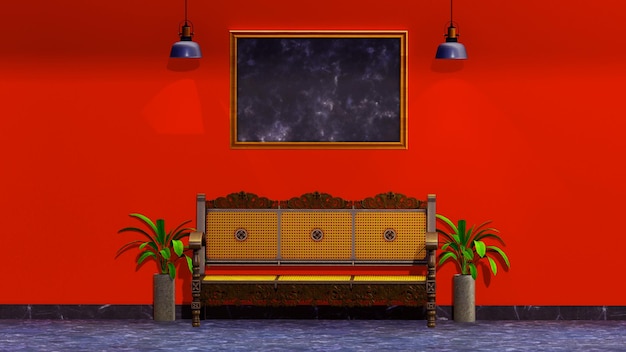 traditional chairs and frames, with red wall