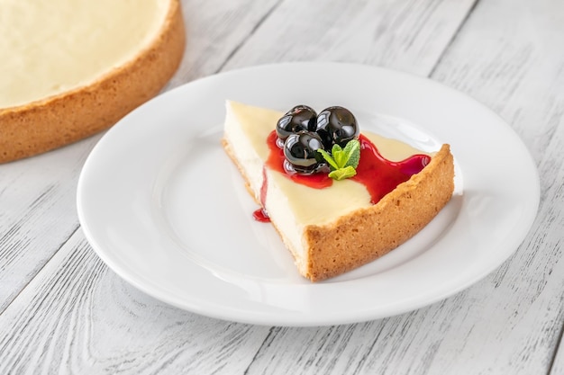 Traditional cheesecake wedge with amarena cherries on the plate