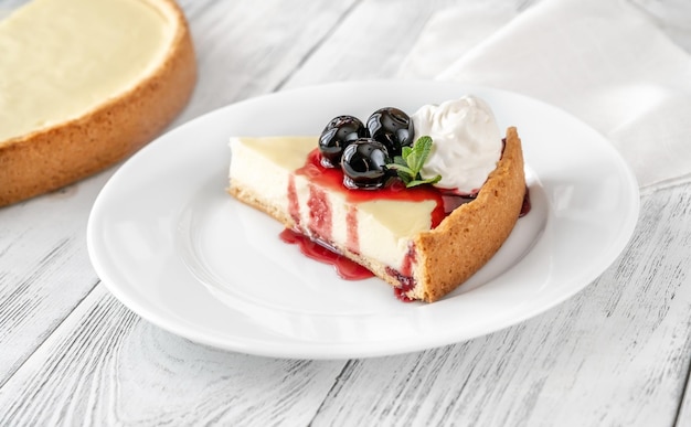 Traditional cheesecake wedge with amarena cherries on the plate