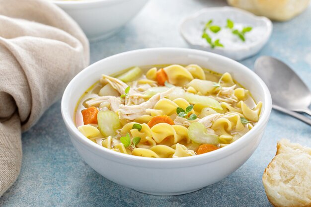 Traditional chicken noodle soup with egg noodles