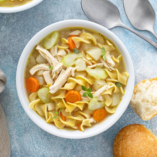 Traditional chicken noodle soup with egg noodles