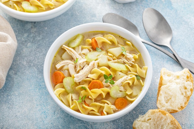 Traditional chicken noodle soup with egg noodles