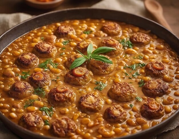 Traditional chickpea soup with meatballs closeup