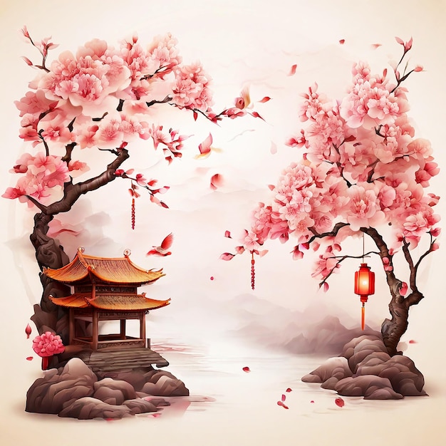 traditional chinese background with sakura tree and lantern decoration Generator by Ai