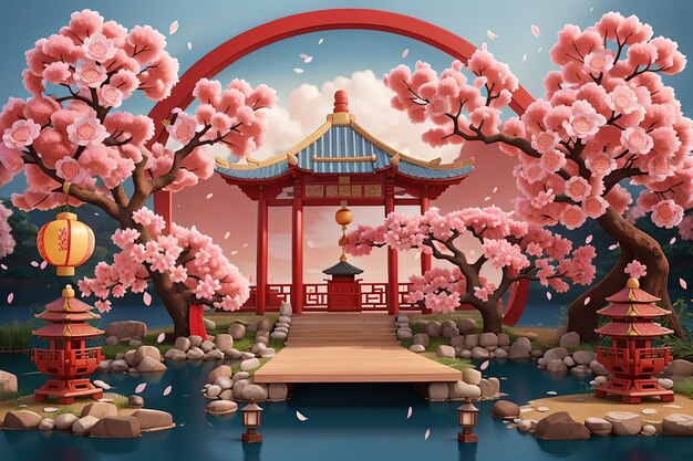 Traditional chinese background with sakura tree and lantern decoration