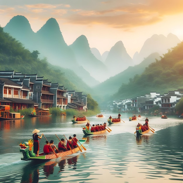 Traditional Chinese boats float on the river against the backdrop of nature green mountains village