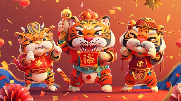 Photo in traditional chinese costumes tigers hold a couplet fortune symbols and a brush of calligraphy for chinese new year