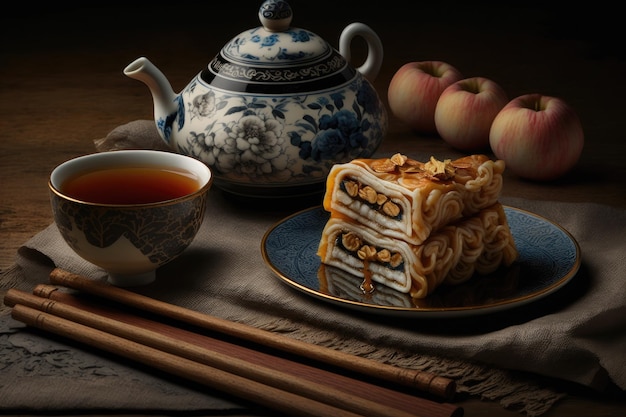 Traditional chinese dessert crispy shu cake on table next to tea created with generative ai